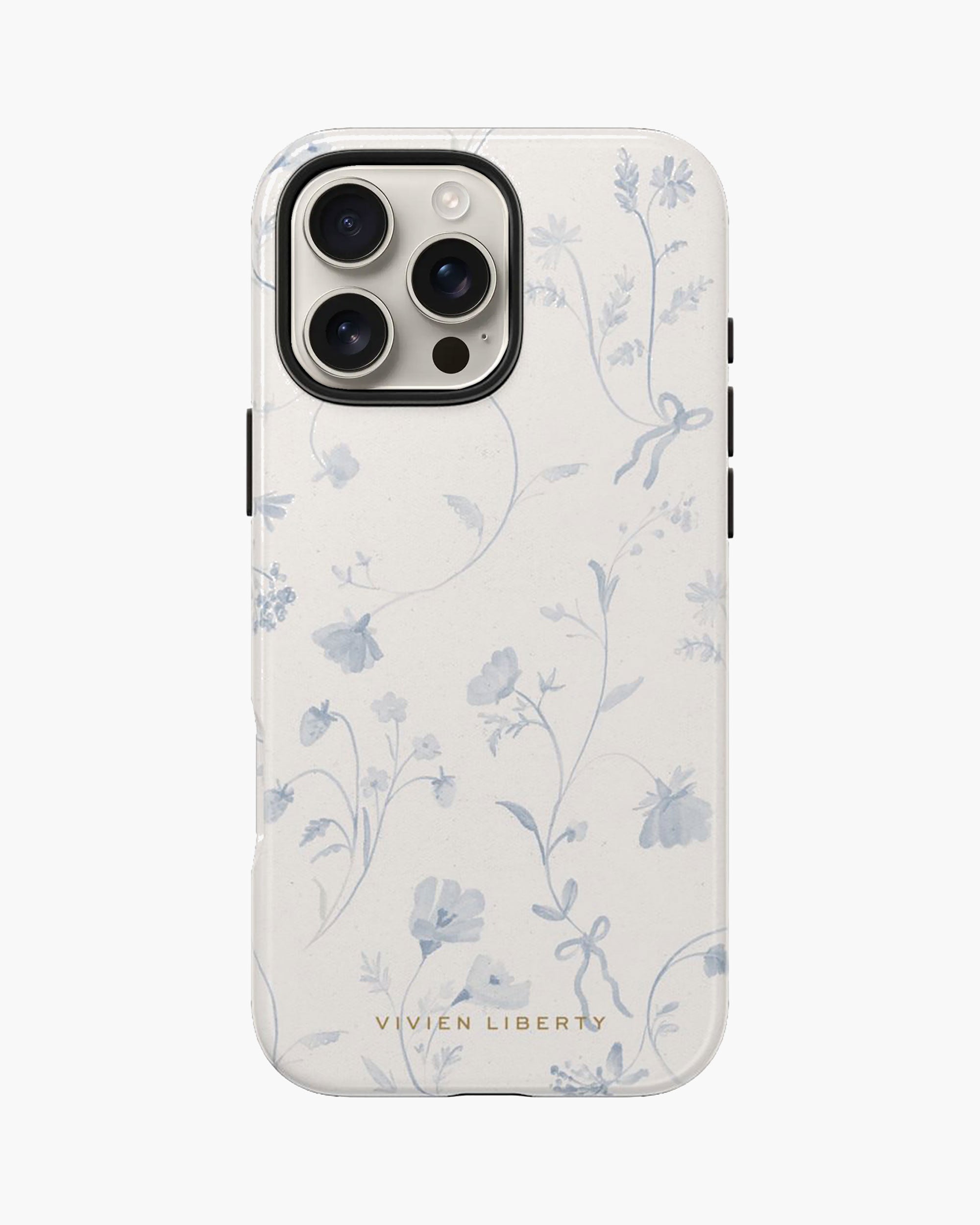 Best protective iphone case with hard cover, style is aesthetic, bows, ribbons, bow knot, cottagecore, toile, blue dutch delft, floral pattern, flowers, wildflowers.