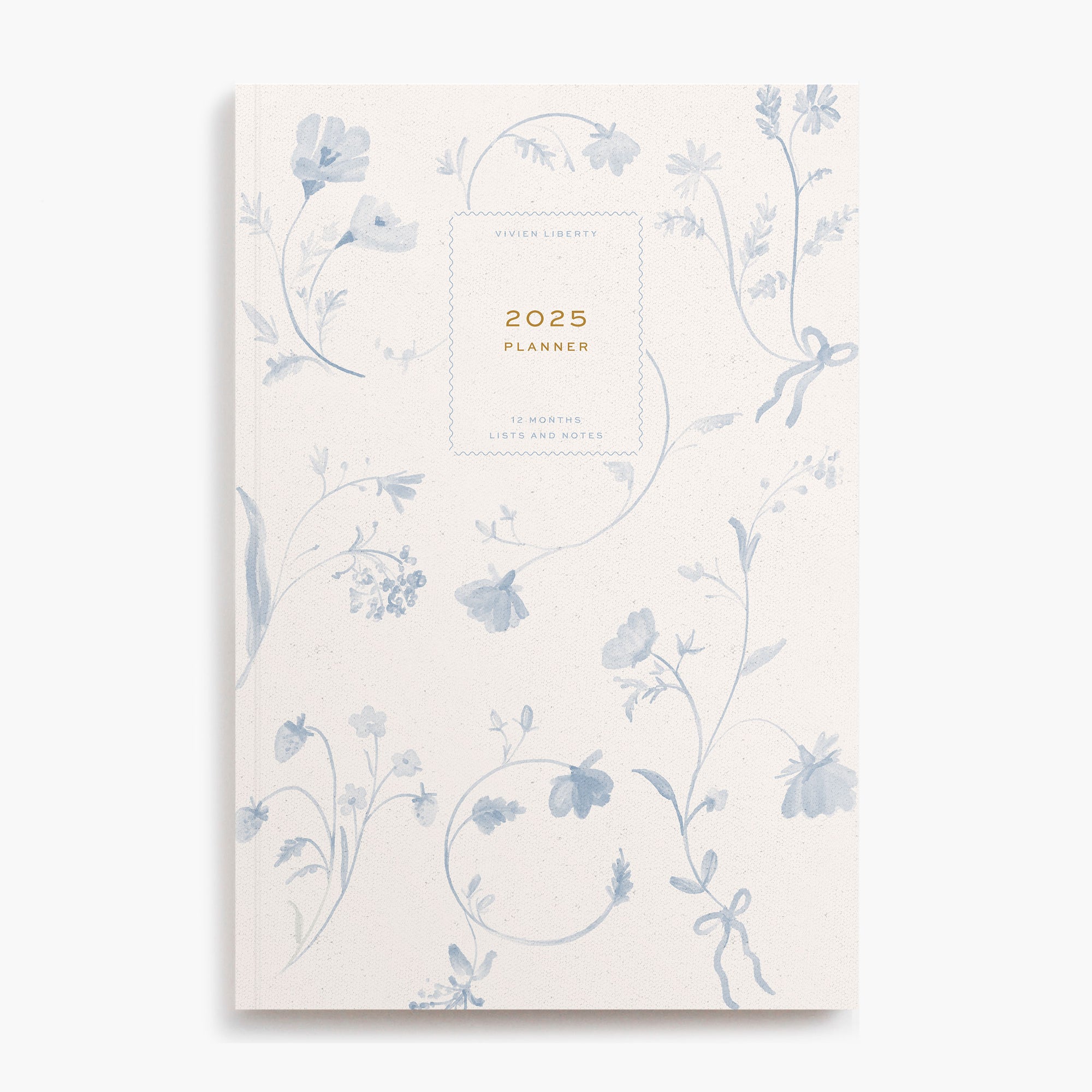 Cottagecore aesthetic book-bound planner notebook with monthly and weekly calendar, project timelines, goal tracking. Cover art style is floral pattern, toile, dutch, blue, delft, ribbon bows, wildflowers.