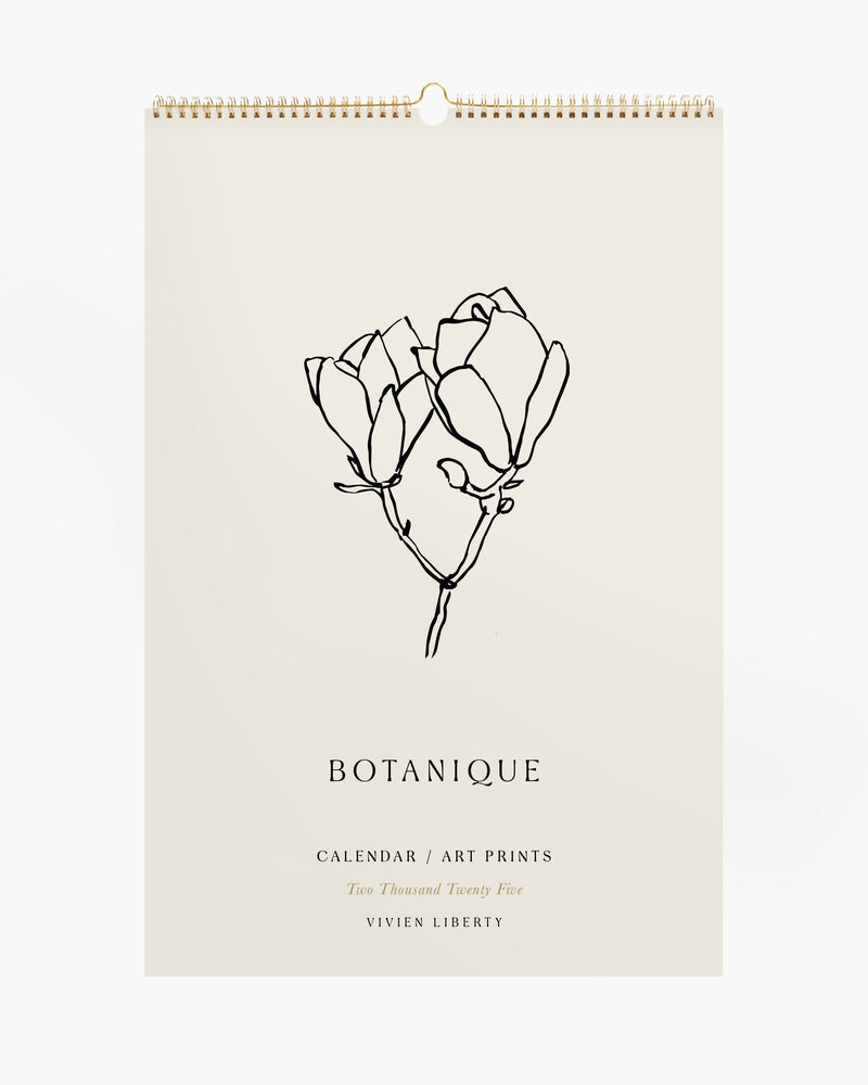 Aesthetic wall calendar of botanical art prints, hand-drawn, black ink, neutral colors, gold foil.